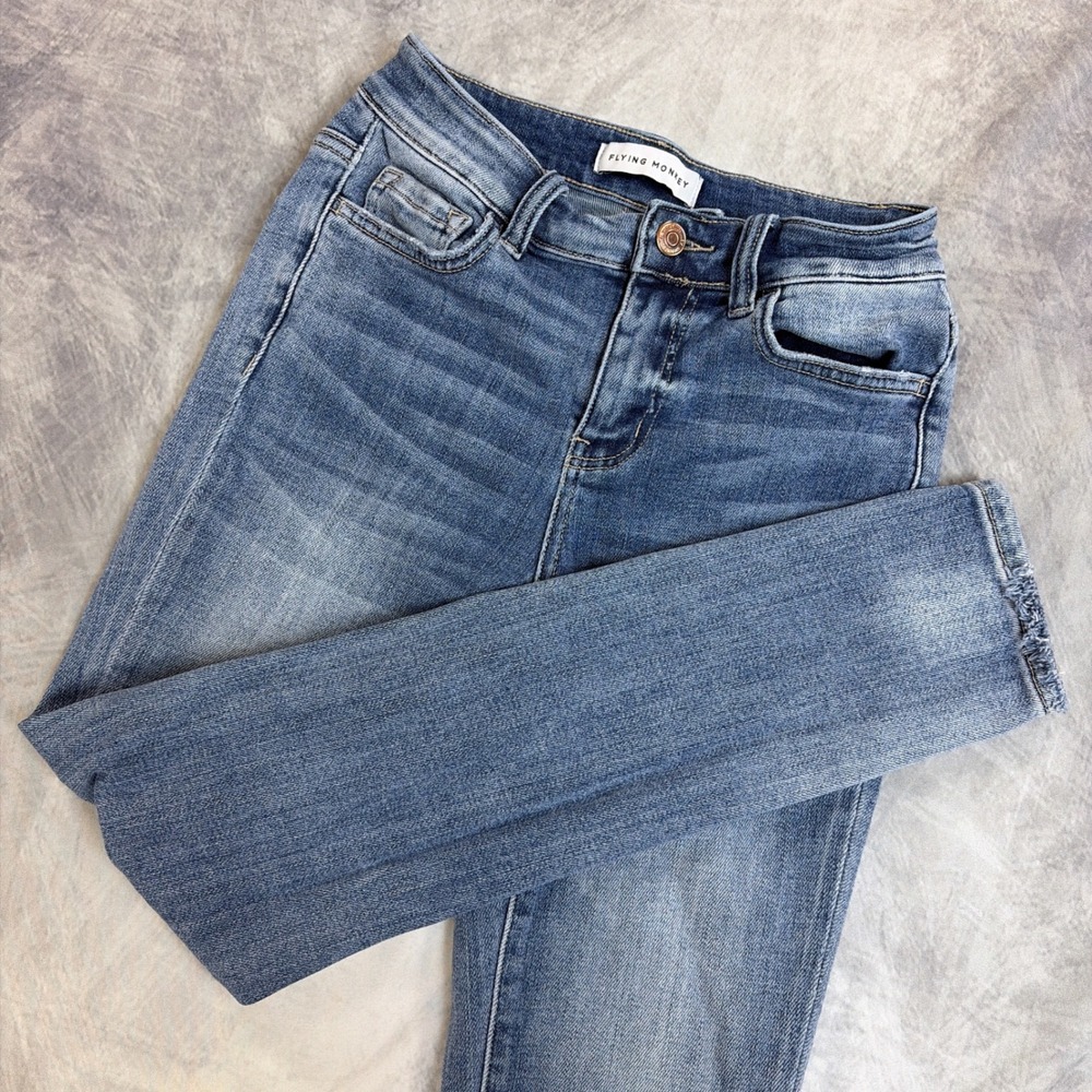 Flying Monkey Skinny Jeans Womens 24 Blue Distressed Mid Rise Raw Hem Stretch